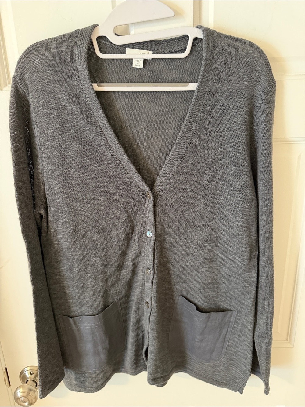 Pure Jill J. Jill Gray V-Neck Cotton Linen
Cardigan Sweater Pockets  M petite